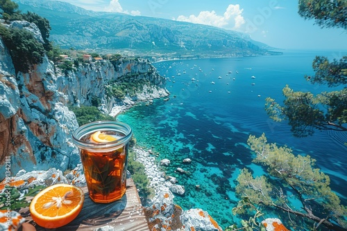 Refreshing iced tea on table by Mediterranean Sea with sailboats and cliffs in background