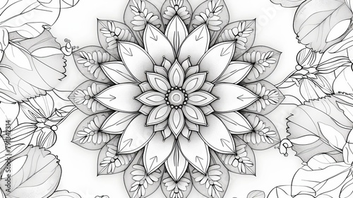 Wallpaper Mural Mandala: A coloring book page featuring a mandala design inspired by nature, with elements like leaves, flowers, and vines Torontodigital.ca