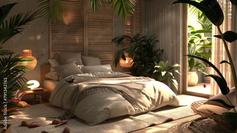 Cozy bedroom with a comfy bed, bedside table, and a lush plant that adds a touch of nature.