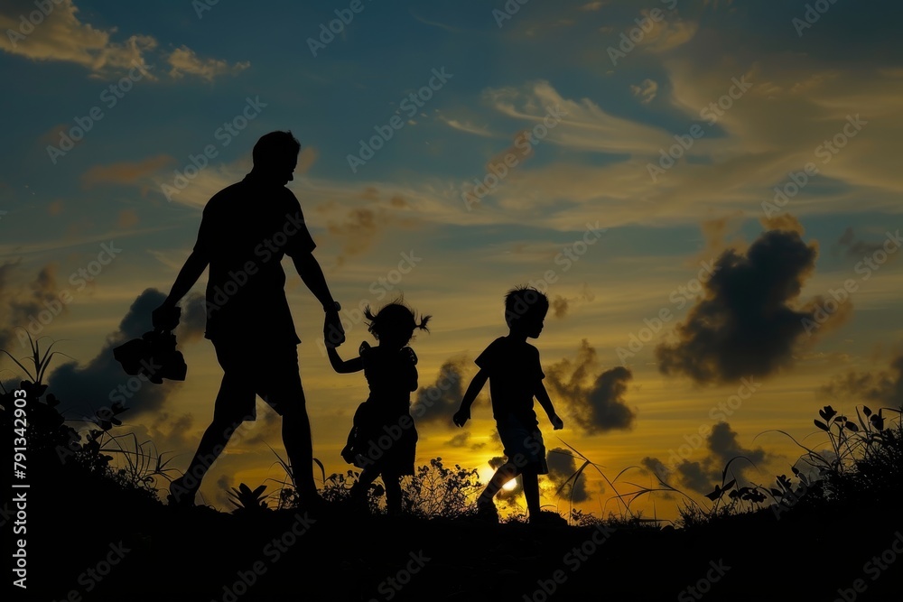 Obraz premium Silhouettes of a family on a trip, bonding under sunset