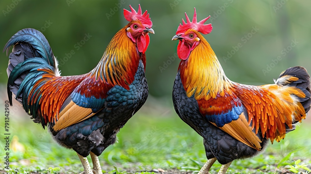 Two roosters standing next to each other in a green field