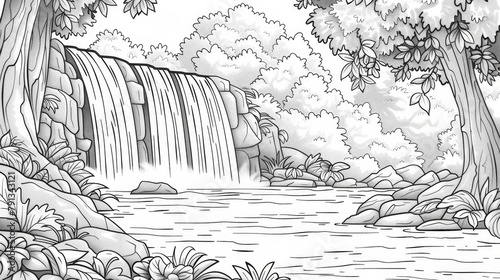 Nature scenes Coloring Book: An outline of a tranquil waterfall in a lush forest