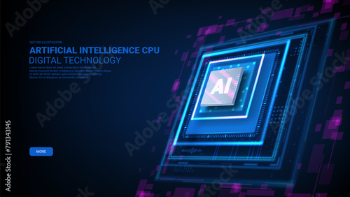 Futuristic banner with artificial intelligence chip. Semiconductor technology concept. Modern vector illustration of AI CPU isolated on dark background. Ai chipset with HUD elements.