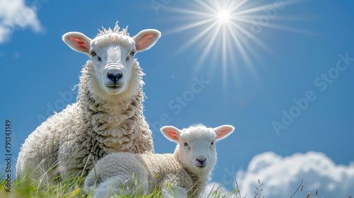 Two sheep are laying in the grass, one of which is looking at the camera