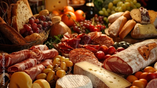 Delicious fresh meat, cheese, bread and fruit.