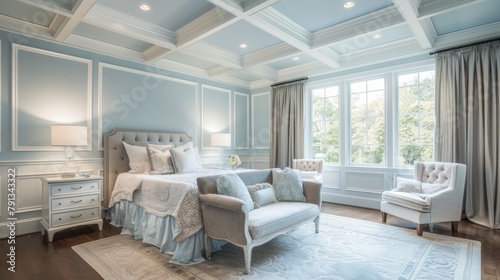 Exquisite master bedroom adorned in a serene light blue hue  featuring floor-to-ceiling wainscoting  freshly painted walls  intricate crown and base moldings  gleaming hardwood floors  and an elegant 