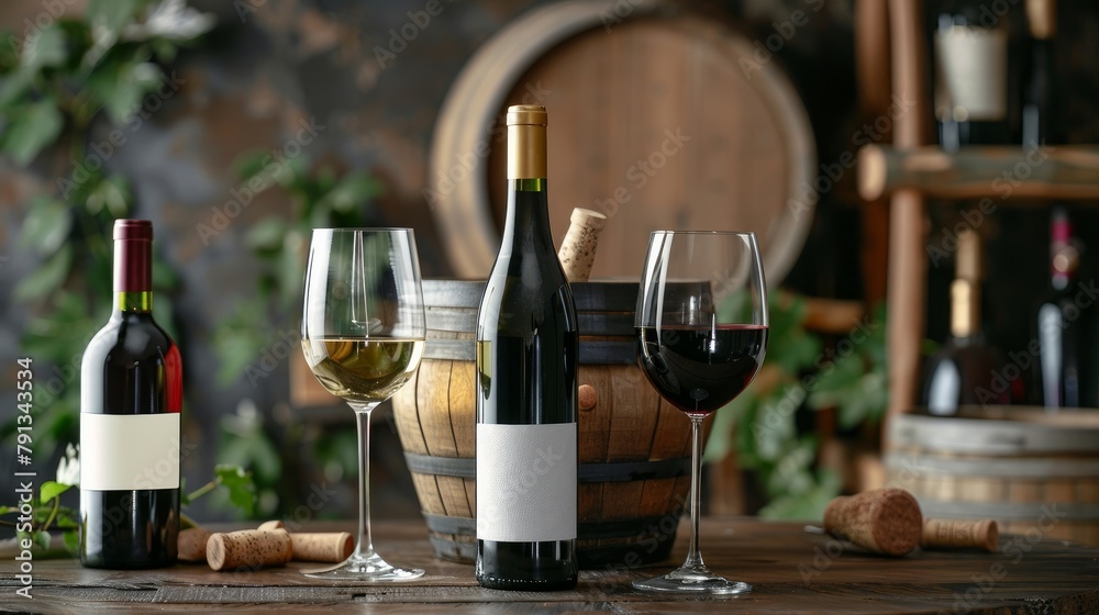 Glasses and bottles of different wine near wooden barrel on table. 