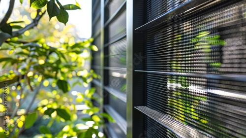 Closeup of a window in Transformable Spaces showcasing the adjustable blinds and mesh screens that block harsh sunlight while still allowing air flow. .
