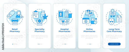 Pharmacy supply blue onboarding mobile app screen. Walkthrough 5 steps editable graphic instructions with linear concepts. UI, UX, GUI template. Montserrat SemiBold, Regular fonts used