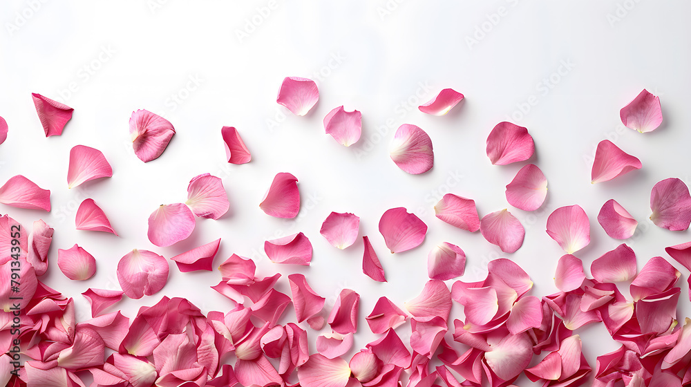 Pink petals of tulips or roses flowers top view isolated on a white background