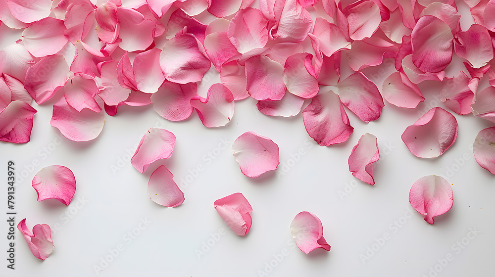 Obraz premium Pink petals of tulips or roses flowers top view isolated on a white background