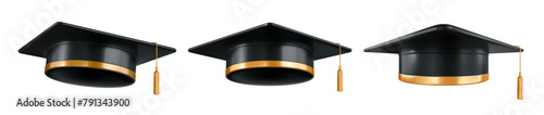 Square academic cap, black graduation hat or mortarboard with golden tassel, for graduates of college, high school, university. Clothes for degree ceremony. 3d realistic isolated vector illustration