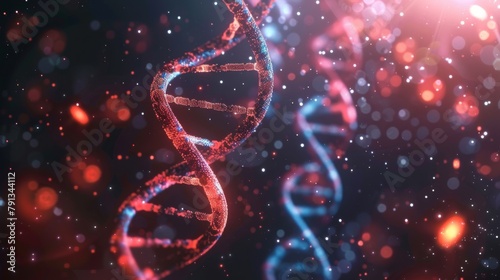 Dynamic Genetic Journey: Close-Up 3D Rendering of Double Helix DNA on Red and Blue Background, Highlighting Ethereal Energy and Movement
