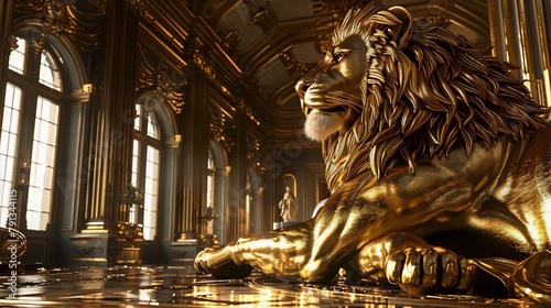 Golden lion sculpture resting majestically in opulent hall, reflecting themes of power, wealth, and regality, rendered with photorealism in the style of contemporary digital art.
