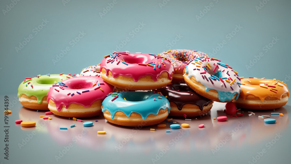 A pile of 9 donuts. The leftmost donut is green with blue sprinkles, the next is pink with blue icing, the next is blue with yellow sprinkles, the next is brown with white icing, the next is white wit