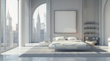 Modern white bedroom with a view of city skyscrapers. The bed has books on a nightstand next to it. A large window and arching doors add to the spacious feel. A blank canvas poster awaits your customi
