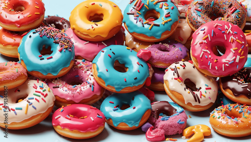 A pile of 9 donuts. The leftmost donut is green with blue sprinkles, the next is pink with blue icing, the next is blue with yellow sprinkles, the next is brown with white icing, the next is white wit photo