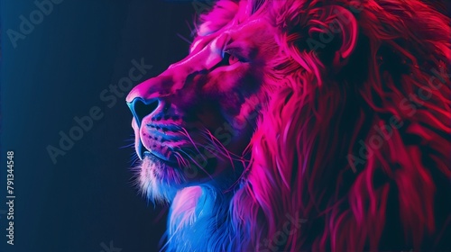A majestic lion with a vibrant pink mane and blue eyes  set against a dark background  in a striking and captivating digital art style  conveying strength  power  and a sense of mystery.