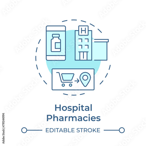 Hospital pharmacies soft blue concept icon. Healthcare facilities, longterm care. Medications order. Round shape line illustration. Abstract idea. Graphic design. Easy to use in infographic, article