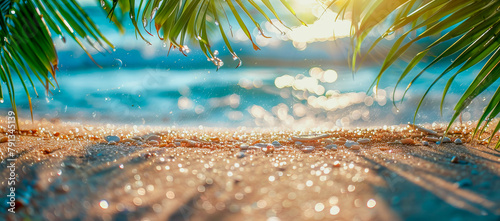 Vibrant beach scene, close-up of sandy shore with glittering ocean particles and defocused green palm leaves above