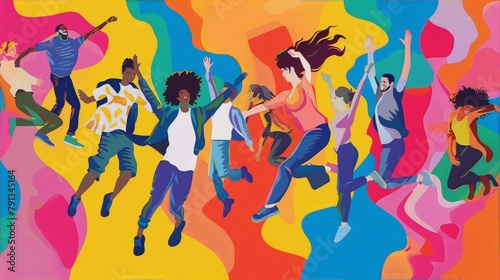 A group of diverse people jumping in the air with bright colorful background in flat design style for a joyful and vibrant look. © AdnanArif