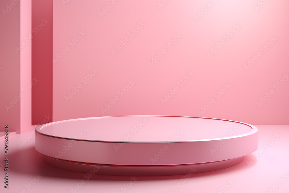 3D pink pedestal podium on pink background. Product display presentation