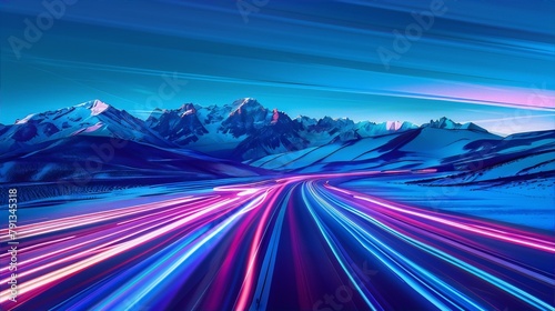 Blue and pink neon light trails over snow-capped mountains at night, with a hint of purple in the sky in the background in a digital art style, conveying a sense of speed, energy and excitement