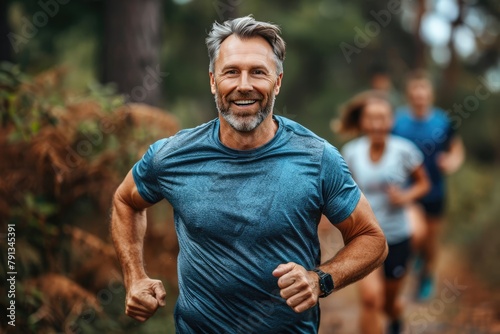 Active man in athletic clothing jogging and exercising in a lush green forest