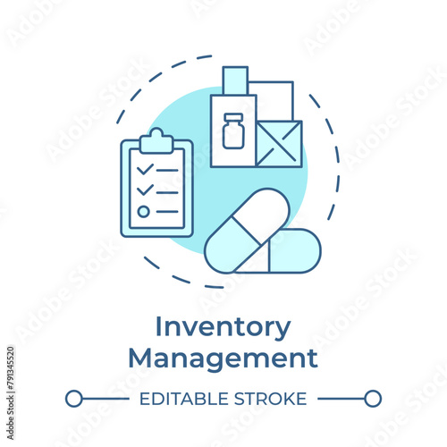 Inventory management soft blue concept icon. Drug manufacturing, pharmaceutical products. Round shape line illustration. Abstract idea. Graphic design. Easy to use in infographic, article