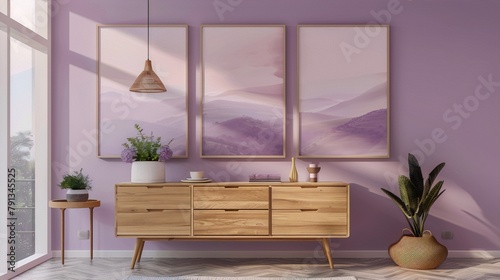 Minimalist living room interior with purple walls, wooden commode, plants and landscape paintings in boho style