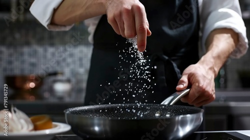 side view of male chef adding salt in frying pan