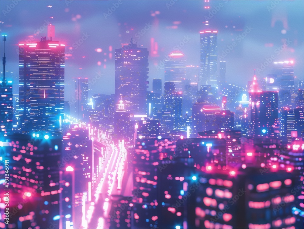 Fototapeta premium Cyberpunk city skyline pink blue neon lights futuristic aesthetic night scene.