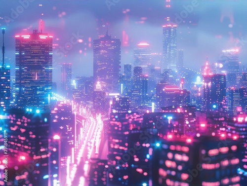 Cyberpunk city skyline pink blue neon lights futuristic aesthetic night scene.
