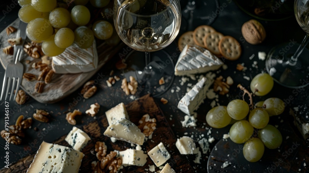 White Dry Wine, Cheese With Mold, Nuts, Grape And Cracker, Dark Background, Top View --ar 16:9 Job ID: 4859c2be-f2aa-4cfc-a93c-f95e776cc45a