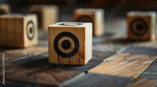 Visualize goals using a virtual target board printed on wooden cubes. It represents setting achievable objectives and working towards business success.