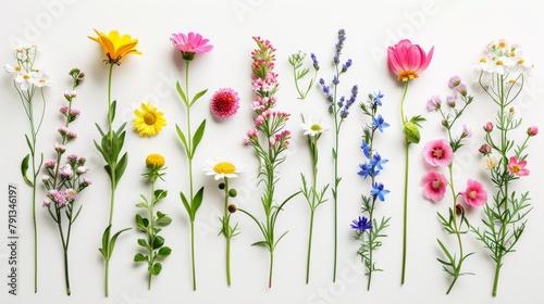 A vibrant collection of spring flowers, neatly arranged and isolated on a white background. Perfect for projects about botany, gardening, and nature.