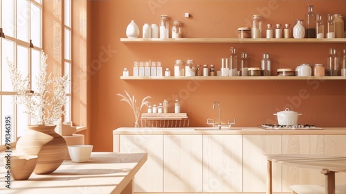 Warm colors convey a sense of peace and tranquility in this still life of a kitchen interior rendered in 3D.