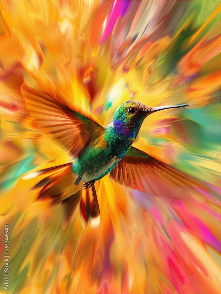 Obraz premium Vibrant hummingbird green orange abstract explosion energy spring joy. 