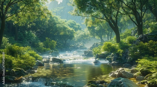 Tranquil mountain brook meanders amid verdant woods © 2rogan