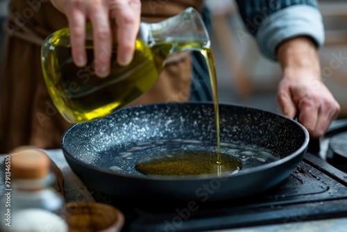 Male chef pours oil into frying pan
