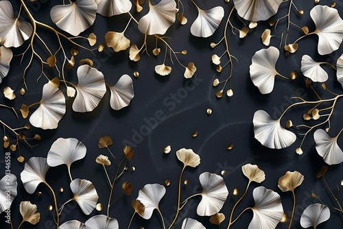 3D floral wallpaper with golden ginko biloba leaves and white flowers on black background. Generative AI