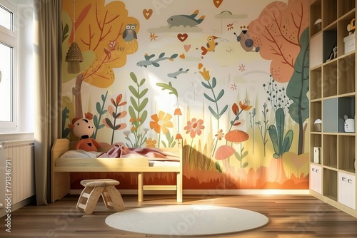 illustrative wallpaper mockup in a kids' room. Generative AI photo