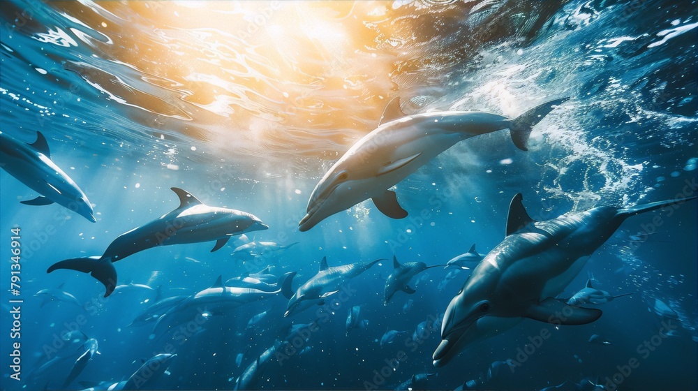 Fototapeta premium Underwater dolphins swimming joyfully blue grey ocean wildlife nature summer freedom. 