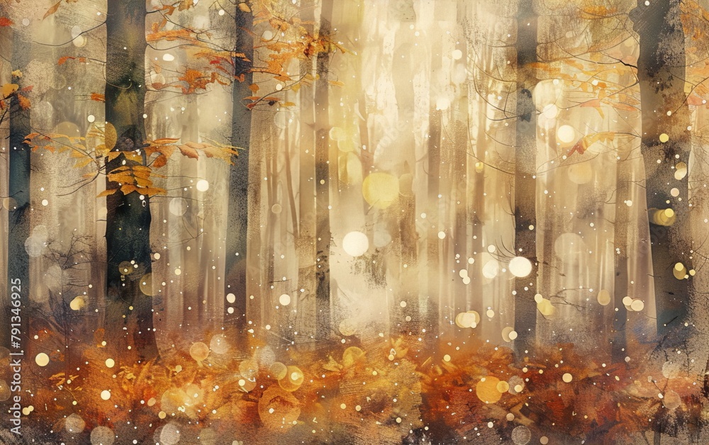 Naklejka premium _Mystical sun rays filtering through a magical autumn forest of yellow and orange trees with a soft blurry background in a digital art style._