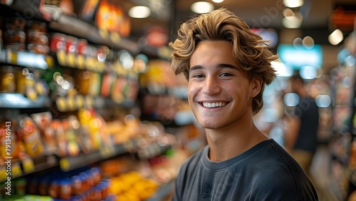 A young Caucasian man smiling in his grocery store setting. Concept Portrait Photography, Grocery Store, Smiling, Young Man, Caucasian