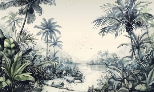 Tropical Exotic Landscape Wallpaper. Hand Drawn Design. Luxury Wall Mural, Generative AI © Snap Flare