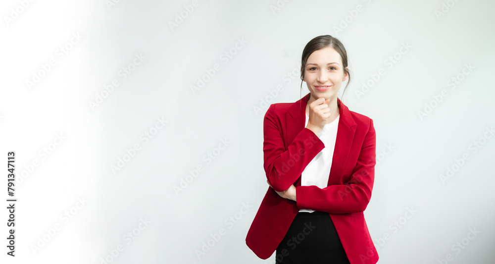 Young fun successful employee business woman corporate wear work area mock up isolated on plain white background . Young fun successful employee business woman corporate wear work area mock up isolated on plain white background .