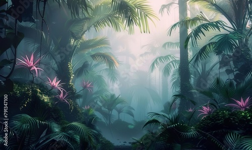 tropical trees and leaves wallpaper design in foggy forest - 3D illustration  Generative AI