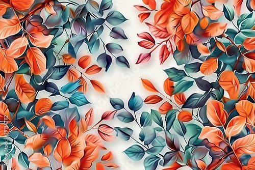 Wall hanging branches seamless pattern leaves fall with bright color flowers illustration background. 3d abstraction wallpaper for interior mural wall, Generative AI