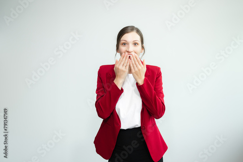 Young fun successful employee business woman corporate wear work area mock up isolated on plain white background .
